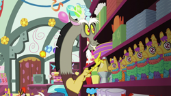 Size: 1280x720 | Tagged: safe, screencap, discord, draconequus, discordant harmony, g4, big grin, big smile, cash register, excited, excitement, grin, lava lamp, piñata, pointing, smiling, solo