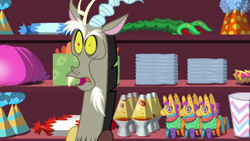 Size: 1280x720 | Tagged: safe, screencap, discord, draconequus, discordant harmony, g4, hat, lava lamp, open mouth, party hat, piñata, solo, surprised, surprised face