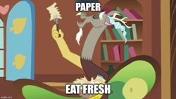 Size: 888x499 | Tagged: safe, edit, edited screencap, screencap, discord, draconequus, g4, keep calm and flutter on, caption, eating, fluttershy's cottage (interior), fork, image macro, imgflip, open mouth, paper, reference, solo, subway (restaurant), text