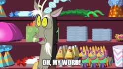 Size: 888x499 | Tagged: safe, edit, edited screencap, screencap, discord, draconequus, discordant harmony, g4, caption, hat, image macro, imgflip, lava lamp, open mouth, party hat, piñata, solo, surprised, surprised face, text