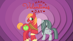 Size: 1277x720 | Tagged: artist needed, safe, anonymous artist, artist:cloudy glow, big macintosh, marble pie, earth pony, pony, g4, blushing, cute, daaaaaaaaaaaw, duo, female, freckles, grin, heart, heart background, hearts and hooves day, holiday, male, marblebetes, mare, raised hoof, ship:marblemac, shipping, shy, smiling, song in the description, stallion, straight, valentine's day, valentine's day card, valentine's day picture, when she smiles, wholesome