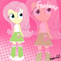 Size: 750x750 | Tagged: safe, artist:munyaz, fluttershy, equestria girls, g4, boots, clothes, gradient background, high heel boots, pink background, polka dot background, polka dot socks, shirt, shoes, skirt, socks, solo