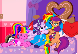 Size: 7235x5073 | Tagged: safe, artist:shieldwingarmorofgod, starlight glimmer, sunny starscout, oc, oc:rainbow sparkle, oc:shield wing, alicorn, earth pony, g4, g5, alicornified, bed, bedroom eyes, female, g5 to g4, generation leap, holiday, male, mare, race swap, stallion, starlicorn, valentine's day, xk-class end-of-the-world scenario