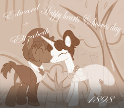 Size: 4047x3513 | Tagged: safe, artist:mr100dragon100, oc, oc:elizabeth, earth pony, unicorn, dark forest au's dr. jekyll and mr. hyde, female, hearts and hooves day, holiday, male, mare, nuzzling, sepia, stallion, text, valentine's day, victorian