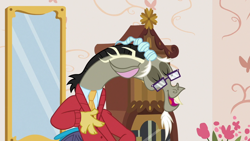 Size: 1280x720 | Tagged: safe, screencap, discord, draconequus, discordant harmony, g4, cardigan, clothes, discord's house, glasses, mirror, mister rogers, necktie, shirt, solo