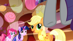 Size: 1280x720 | Tagged: safe, screencap, applejack, pinkie pie, rarity, twilight sparkle, earth pony, pony, unicorn, g4, sonic rainboom (episode), applebutt, butt, excited, excitement, golden oaks library, open mouth, out of context, plot, rear view, smiling, unicorn twilight