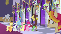 Size: 1280x720 | Tagged: safe, screencap, applejack, discord, fire flare, fluttershy, pinkie pie, rainbow dash, rarity, spike, draconequus, dragon, earth pony, pegasus, pony, unicorn, g4, the summer sun setback, best friend, best friends, canterlot castle interior, friend, friends, gang, open mouth, remane five, shocked, shocked expression, shocked eyes, statue, surprised, surprised face, winged spike, wings