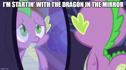 Size: 888x499 | Tagged: safe, edit, edited screencap, screencap, spike, dragon, dragon quest, g4, my little pony: friendship is magic, golden oaks library, indoors, man in the mirror, michael jackson, mirror, moon, night, solo, song reference, text, window