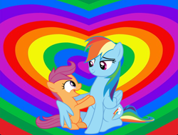 Size: 960x724 | Tagged: artist needed, safe, anonymous artist, artist:cloudy glow, rainbow dash, scootaloo, pegasus, pony, g4, adopted, adopted offspring, cute, cutealoo, daaaaaaaaaaaw, dashabetes, duo, female, filly, foal, headcanon, headcanon in the description, heart, heart background, hug, mare, open mouth, open smile, rainbow background, scootadoption, scootalove, siblings, sisters, smiling, song in the description, wholesome, winghug, wings