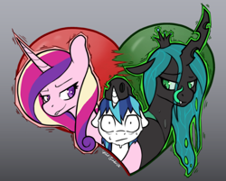 Size: 2480x1996 | Tagged: safe, artist:wild-thunder06, princess cadance, queen chrysalis, shining armor, alicorn, changeling, changeling queen, pony, unicorn, g4, bisexual, death by snu snu, female, gradient background, height difference, holiday, male, polyamory, ship:chrysarmordance, shipping, straight, valentine, valentine's day