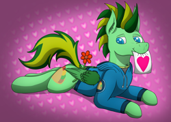 Size: 5418x3883 | Tagged: safe, artist:tacomytaco, oc, oc only, oc:taco.m.tacoson, clothes, gradient background, heart, hearts and hooves day, holiday, hoodie, looking at you, male, mouth hold, sign, solo, stallion, valentine's day, wing hold, wings