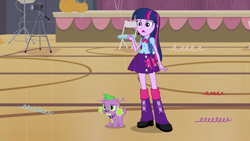 Size: 1920x1080 | Tagged: safe, screencap, spike, twilight sparkle, dog, human, equestria girls, g4, my little pony equestria girls, boots, camera, chair, clothes, confused, eyebrows, high heel boots, legs, raised eyebrow, shirt, shoes, skirt, stage, twilight sparkle's skirt