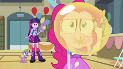 Size: 1920x1080 | Tagged: safe, screencap, pinkie pie, spike, twilight sparkle, dog, human, equestria girls, g4, my little pony equestria girls, balloon, blowing up balloons, boots, chair, clothes, faic, high heel boots, inflating, jacket, legs, shirt, shoes, skirt, smiling, stage, vest