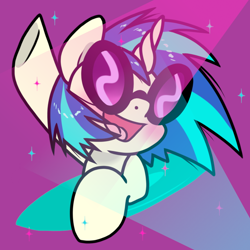 Size: 730x730 | Tagged: safe, artist:paperbagpony, dj pon-3, vinyl scratch, pony, unicorn, g4, blushing, cute, female, glasses, happy, mare, open mouth, open smile, smiling, solo, sparkles, sunglasses, vinylbetes