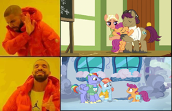 Size: 670x435 | Tagged: artist needed, safe, anonymous artist, edit, edited screencap, screencap, bow hothoof, mane allgood, scootaloo, snap shutter, windy whistles, pegasus, pony, g4, parental glideance, the last crusade, clothes, cute, cutealoo, female, filly, foal, hat, hotline bling, hug, jacket, looking at each other, looking at someone, male, mare, meme, scootalove, smiling, smiling at each other, stallion