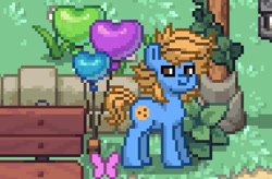 Size: 761x500 | Tagged: safe, oc, oc only, oc:blue cookie, butterfly, earth pony, pony, pony town, balloon, bedroom eyes, earth pony oc, grin, heart, heart balloon, holiday, male, photo, smiling, solo, stallion, valentine's day