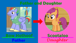 Size: 1600x900 | Tagged: artist needed, safe, anonymous artist, bow hothoof, scootaloo, pony, g4, adopted, adopted offspring, caption, duo, father and child, father and daughter, female, filly, foal, headcanon, headcanon in the description, image macro, male, meme, scootadoption, scootalove, stallion, text
