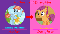 Size: 1024x576 | Tagged: artist needed, safe, anonymous artist, scootaloo, windy whistles, pegasus, pony, g4, adopted, adopted daughter, adopted offspring, caption, clothes, duo, female, filly, foal, freckles, headcanon, headcanon in the description, image macro, jacket, mare, meme, mother and child, mother and daughter, scootadoption, scootalove, smiling, spread wings, text, wings