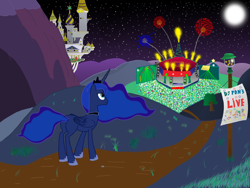 Size: 2560x1920 | Tagged: artist needed, safe, princess luna, alicorn, pony, g4, butt, canterlot, crowd, crown, female, fireworks, folded wings, high res, hoof shoes, jewelry, mare, moon, moonbutt, night, peytral, plot, regalia, sign, smiling, solo, stage, stars, wings