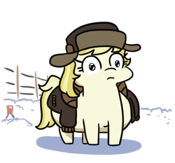 Size: 390x364 | Tagged: safe, artist:jargon scott, march gustysnows, earth pony, pony, g4, clothes, fargo, female, frown, hat, jacket, mare, pregnant, simple background, snow, solo, squatpony, white background