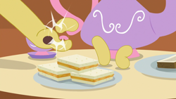 Size: 1280x720 | Tagged: safe, screencap, discord, draconequus, discordant harmony, g4, cup, fluttershy's cottage (interior), food, hand, male, offscreen character, plate, sandwich, solo, teacup, teapot