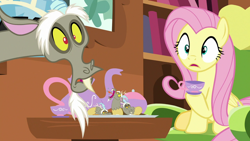 Size: 1280x720 | Tagged: safe, screencap, discord, fluttershy, draconequus, discordant harmony, g4, burp, cup, duo, duo male and female, female, fluttershy's cottage (interior), male, shocked, shocked expression, shocked eyes, surprised, surprised face, teacup, teapot