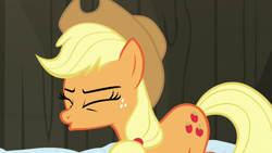 Size: 1280x720 | Tagged: safe, screencap, applejack, earth pony, pony, g4, not asking for trouble, eyes closed, solo