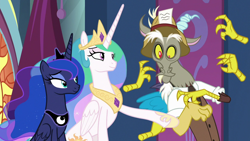 Size: 1280x720 | Tagged: safe, screencap, discord, princess celestia, princess luna, draconequus, pony, g4, the beginning of the end, canterlot castle interior, disembodied hand, hand, pointing, smiling, trio