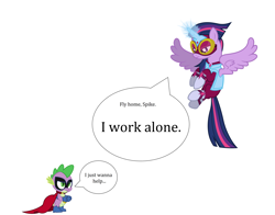 Size: 5044x3960 | Tagged: safe, anonymous artist, spike, twilight sparkle, alicorn, dragon, pony, g4, absurd resolution, duo, duo male and female, female, flying, frown, male, masked matter-horn costume, old art, power ponies, rejection, simple background, speech bubble, spread wings, the incredibles, twilight sparkle (alicorn), vector, white background, wings