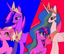 Size: 1440x1212 | Tagged: safe, artist:petaltwinkle, luster dawn, princess celestia, twilight sparkle, alicorn, pony, unicorn, g4, the last problem, female, floppy ears, folded wings, frown, height difference, jewelry, looking at each other, looking at someone, mare, older, older twilight, older twilight sparkle (alicorn), princess twilight 2.0, raised hoof, signature, smiling, tiara, twilight sparkle (alicorn), unicorn twilight, wings, worried