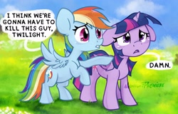 Size: 2673x1712 | Tagged: safe, artist:midnightpremiere, rainbow dash, twilight sparkle, alicorn, pegasus, pony, g4, dialogue, duo, duo female, female, floppy ears, hoof on shoulder, i think we're gonna have to kill this guy, mare, meme, speech bubble, twilight sparkle (alicorn)