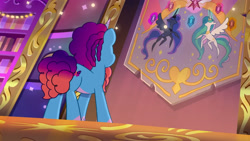 Size: 3072x1727 | Tagged: safe, screencap, misty brightdawn, princess celestia, princess luna, alicorn, pony, unicorn, g5, misty-rious new room, my little pony: tell your tale, spoiler:g5, spoiler:my little pony: tell your tale, spoiler:tyts02e05, back of head, crown, element of harmony, female, jewelry, mare, rebirth misty, regalia, solo focus, spread wings, trio, trio female, wings