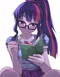 Size: 1593x2048 | Tagged: safe, artist:gunim8ed, sci-twi, twilight sparkle, human, equestria girls, g4, female, frown, glasses, looking at something, notebook, pencil, ponytail, simple background, solo, white background