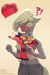Size: 3100x4600 | Tagged: safe, artist:yarugreat, limestone pie, earth pony, pony, anthro, g4, angry, blushing, bouquet, box of chocolates, exclamation point, flower, heart, holiday, interrobang, midriff, question mark, valentine's day