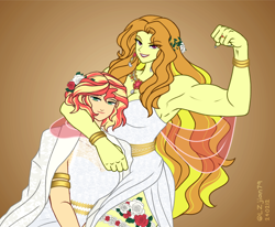 Size: 1560x1286 | Tagged: safe, artist:lzjian79, adagio dazzle, sunset shimmer, human, equestria girls, g4, acardio dazzle, armpits, biceps, breasts, busty adagio dazzle, clothes, dress, duo, ear piercing, earring, eyeshadow, female, flexing, floral head wreath, flower, garter, garters, gunshow, happy, human sunset, jewelry, lesbian, makeup, marriage, married couple, muscles, muscular female, nail polish, piercing, ring, rose, ship:sunlagio, ship:sunsagio, shipping, smiling, sunlit shimmer, veil, wedding dress, wedding ring, wedding veil