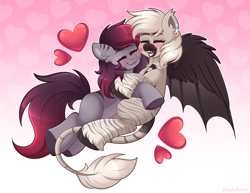 Size: 4899x3778 | Tagged: safe, artist:madelinne, oc, oc only, oc:devilvoice, oc:madelinne, earth pony, blushing, cuddling, duo, earth pony oc, gradient background, heart, heart background, kiss mark, lipstick, patterned background, smiling