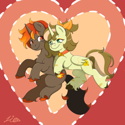 Size: 3072x3072 | Tagged: safe, artist:duckyia, oc, oc only, alicorn, bird, duck, pony, unicorn, bow, brown mane, chest fluff, couple, ear fluff, fire, floating, hair bow, heart, hearts and hooves day, love, orange eyes, ponytail, unshorn fetlocks, wings