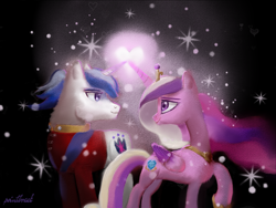 Size: 2000x1500 | Tagged: safe, artist:p0intbreak, princess cadance, shining armor, alicorn, pony, unicorn, a canterlot wedding, g4, concave belly, duo, duo male and female, female, heart, love magic, magic, male, mare, power of love, ship:shiningcadance, shipping, slender, stallion, straight, thin