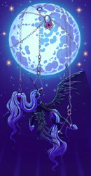 Size: 2731x5233 | Tagged: safe, artist:bratzoid, nightmare moon, princess luna, alicorn, pony, g4, blood, blue mane, bondage, chains, digital art, ethereal mane, ethereal tail, eyes closed, eyeshadow, feather, female, flowing mane, flowing tail, full moon, gag, glowing, helmet, high res, hoof shoes, hook, horn, horn ring, imprisoned, makeup, mare, mare in the moon, moon, moonlight, muzzle gag, night, redraw, ring, shackles, solo, spread wings, stars, suspended, suspension bondage, tail, wings