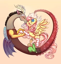 Size: 3808x4016 | Tagged: safe, artist:konejo, discord, fluttershy, draconequus, pegasus, pony, g4, blushing, clothes, duo, duo male and female, eyes closed, female, hair accessory, high res, holiday, in love, kiss on the lips, kissing, love, male, mare, ship:discoshy, shipping, socks, spread wings, straight, striped socks, valentine's day, wings