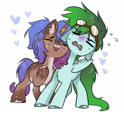Size: 2499x2343 | Tagged: safe, artist:opalacorn, oc, oc only, oc:gryph xander, oc:midnight winds, pegasus, pony, unicorn, blushing, commission, duo, duo male and female, female, floating heart, floppy ears, goggles, goggles on head, heart, male, mare, nuzzling, oc x oc, shipping, simple background, straight, white background