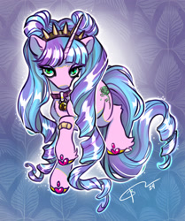 Size: 2173x2598 | Tagged: safe, artist:opalacorn, oc, oc only, pony, unicorn, bandaid, bell, bell collar, collar, commission, female, gradient background, mare, patterned background, solo, spiked headband, unshorn fetlocks