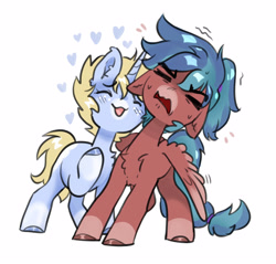 Size: 2499x2390 | Tagged: safe, artist:opalacorn, oc, oc only, oc:blitz razorwind, oc:nootaz, pegasus, pony, unicorn, chest fluff, duo, duo male and female, emanata, eyes closed, female, floating heart, heart, male, mare, nudity, nuzzling, oc x oc, open mouth, open smile, plewds, shipping, simple background, smiling, stallion, straight, white background, wings, wings down