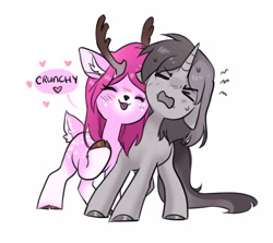 Size: 2847x2542 | Tagged: safe, artist:opalacorn, oc, oc only, oc:rainbow crash, deer, pony, unicorn, adorable distress, commission, cute, doe, duo, duo female, eyes closed, female, floating heart, floppy ears, heart, lesbian, mare, nuzzling, oc x oc, open mouth, open smile, shipping, simple background, smiling, varying degrees of want, white background, ych result
