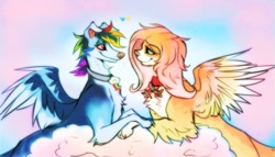 Size: 2001x1145 | Tagged: safe, artist:chortzykit, fluttershy, rainbow dash, dog, g4, collar, dogified, duo, duo female, female, lesbian, looking at each other, looking at someone, looking into each others eyes, ship:flutterdash, shipping, smiling, smiling at each other, species swap, spread wings, winged dog, wings