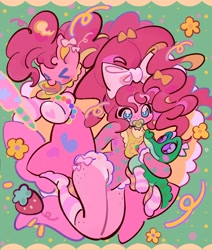 Size: 1734x2048 | Tagged: safe, artist:yanyannonoz, gummy, pinkie pie, alligator, earth pony, pony, equestria girls, g4, abstract background, bib, boots, bow, bracelet, clothes, female, hair bow, jewelry, mare, mouth hold, pacifier, self paradox, self ponidox, shoes, socks, stocking feet, striped socks