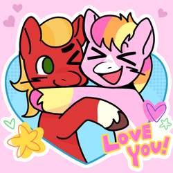 Size: 2048x2048 | Tagged: safe, artist:daisy_marshmallow, sprout cloverleaf, oc, oc:malarkey, pony, g5, blushing, canon x oc, commission, duo, holiday, hug, shipping, smiling, valentine's day, xd, ych result