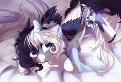 Size: 3496x2380 | Tagged: safe, artist:2pandita, oc, oc only, pegasus, pony, bow, colored wings, female, garter, hair bow, mare, pegasus oc, pillow, solo, tongue out, two toned wings, wings