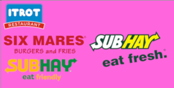 Size: 346x175 | Tagged: safe, artist:owlcat, pony, g4, five guys, ihop, logo, no pony, pink background, ponified, ponified name, simple background, subway (restaurant)