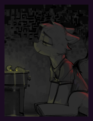 Size: 2270x2953 | Tagged: safe, artist:dimfann, oc, oc only, pony, clothes, dark background, end table, sad, solo, this only raises further questions